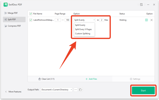 swifdoo pdf split method