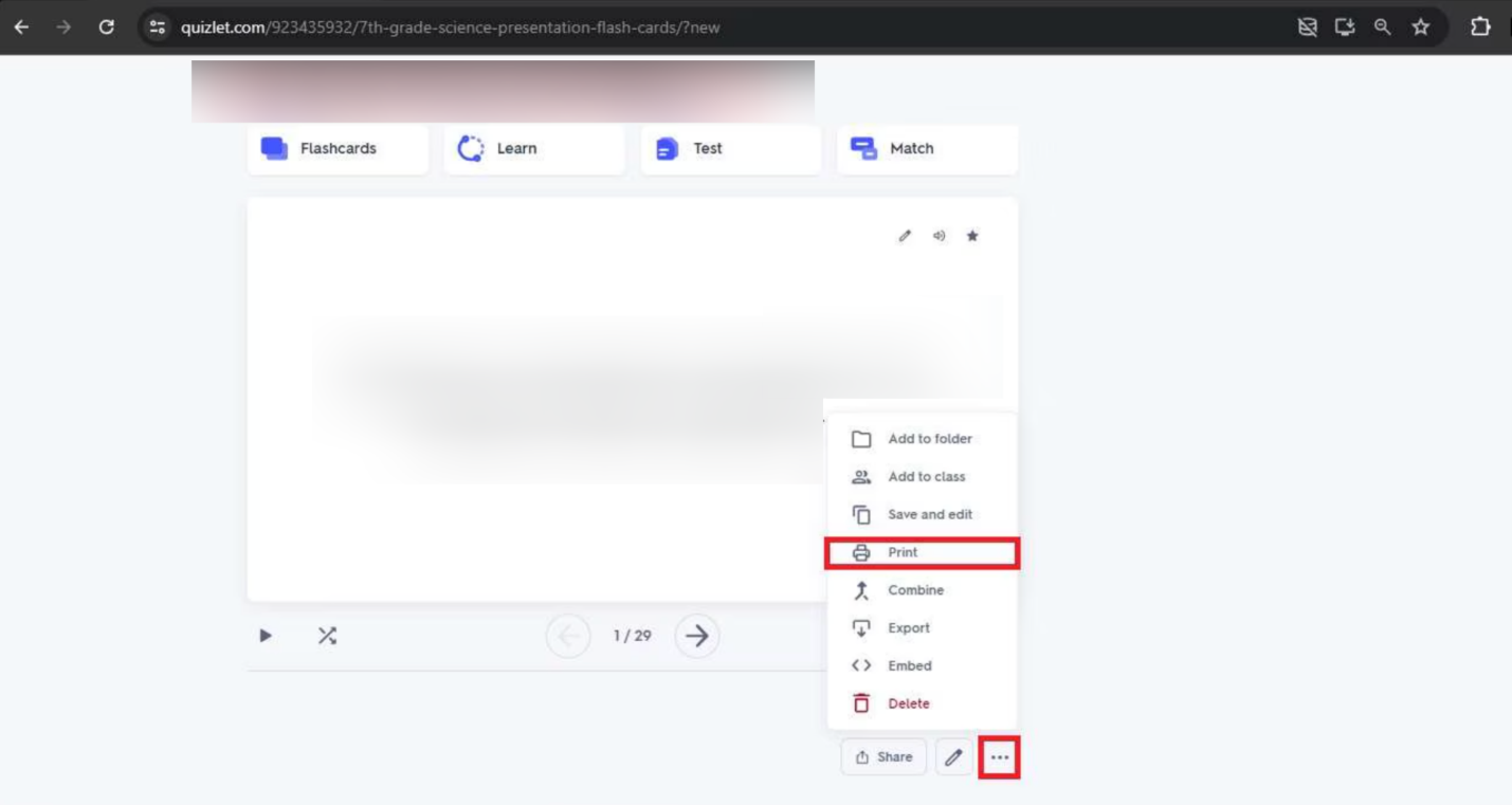 Click More and select Print in Quizlet