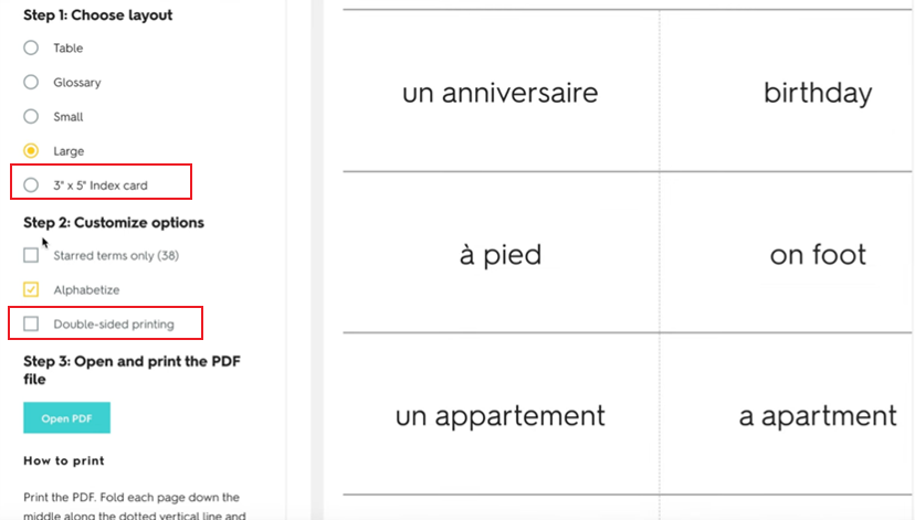 Set the layout and choose the Double-sided printing option for the Quizlet flashcard printing