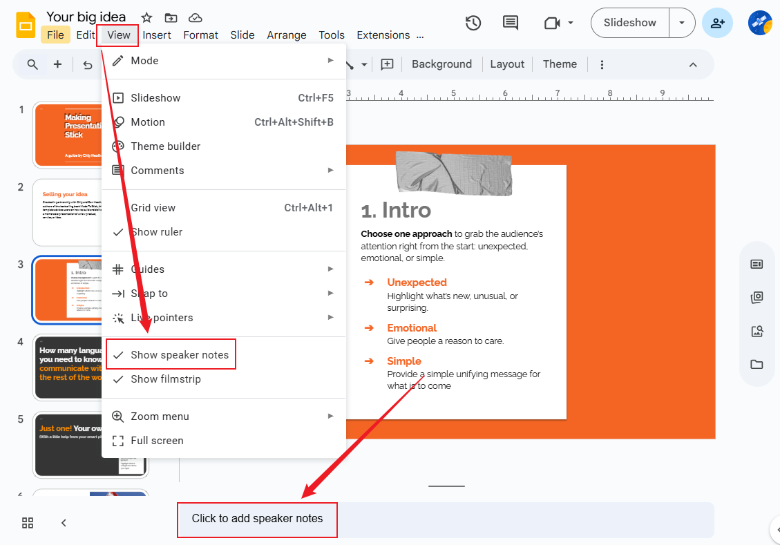 Go to View to enable Show speaker notes in Google Slides