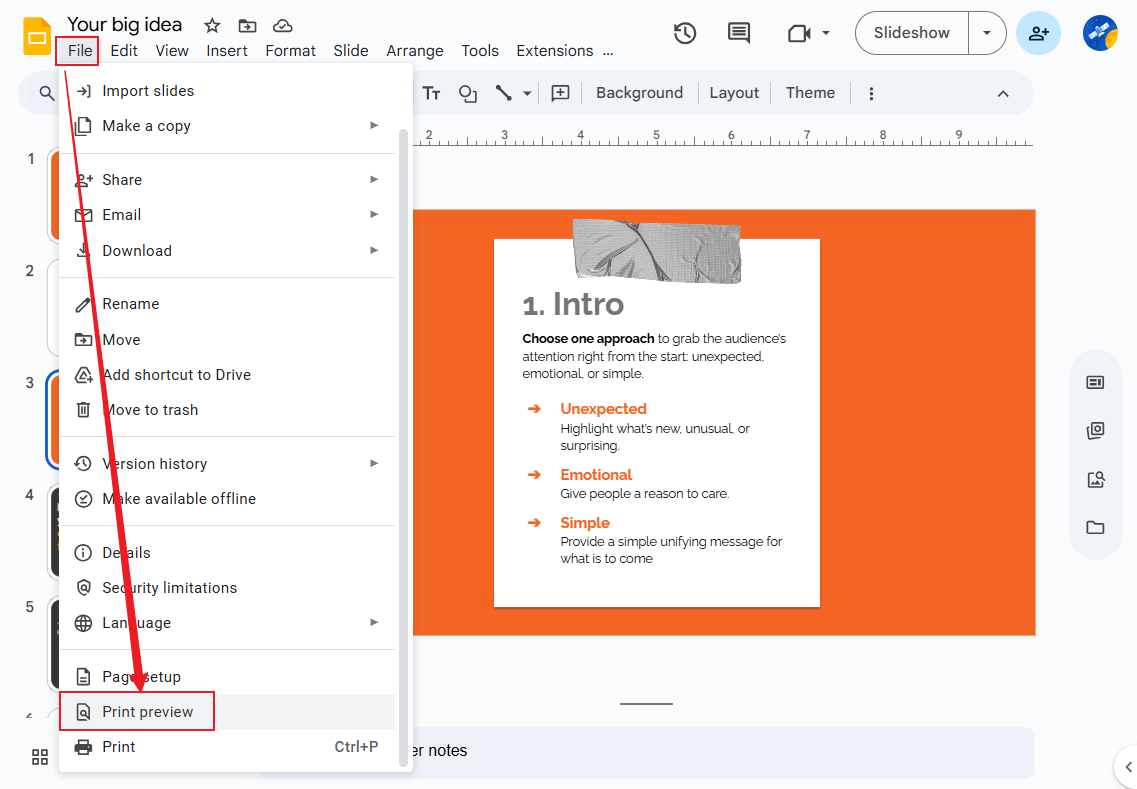Click File and select the Print preview option in Google Slides