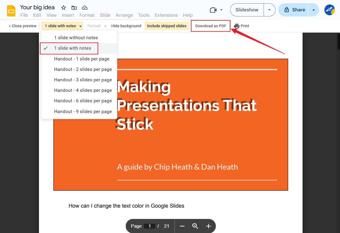 Click the Download as PDF option in Google Slides