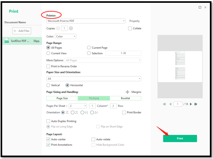 How to print two pages on one sheet in SwifDoo PDF 2