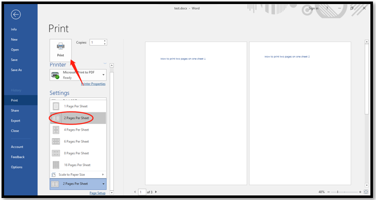 How to print two pages on one sheet in Word