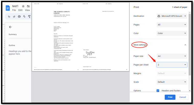 How to print two pages on one sheet with Google Docs
