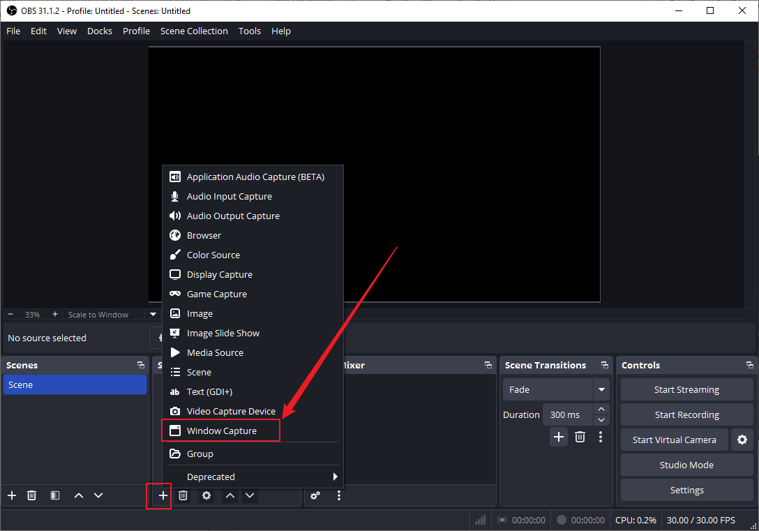 Click the Plus icon and select the Window Capture option in OBS