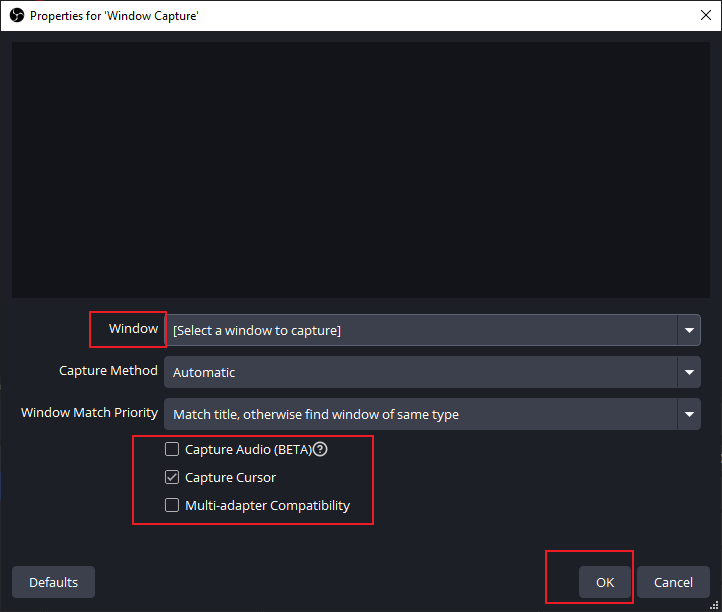 Specify the Window Capture settings in OBS