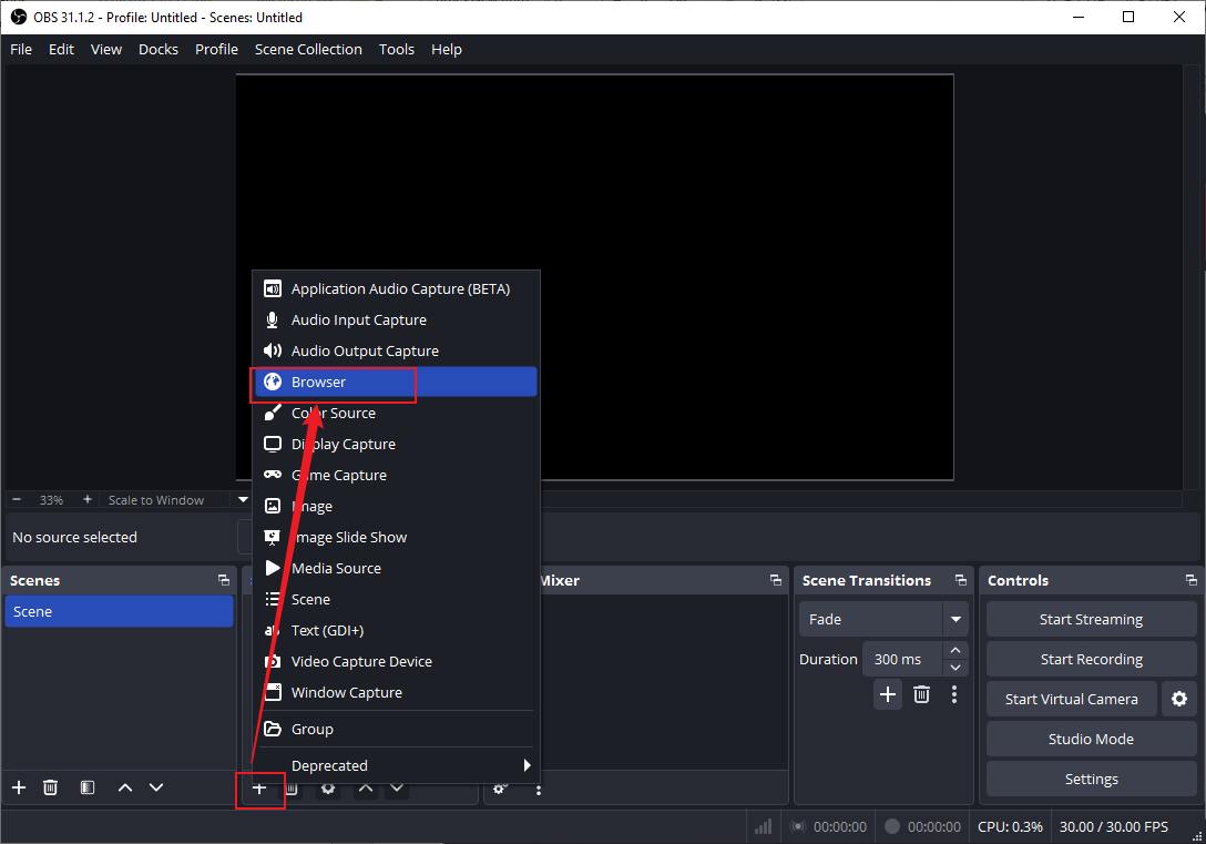 Click Plus and select the Browser option in OBS