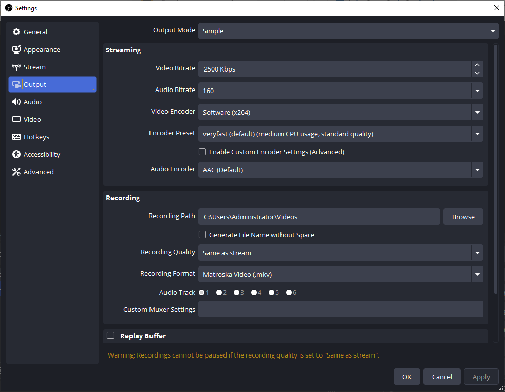 Go to Settings and specify the Output settings in OBS