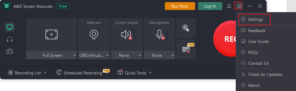 Click the Settings icon to adjust other recording settings in AWZ Screen Recorder