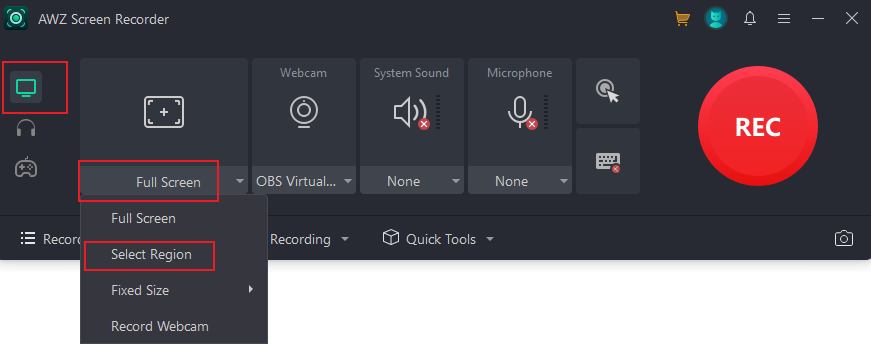 Select the recording region under the Record Screen tab of AWZ Screen Recorder