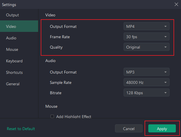 Customize the Video settings in AWZ Screen Recorder