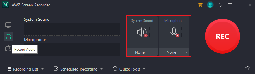 Customize the audio recording under the Record Audio tab of AWZ Screen Recorder