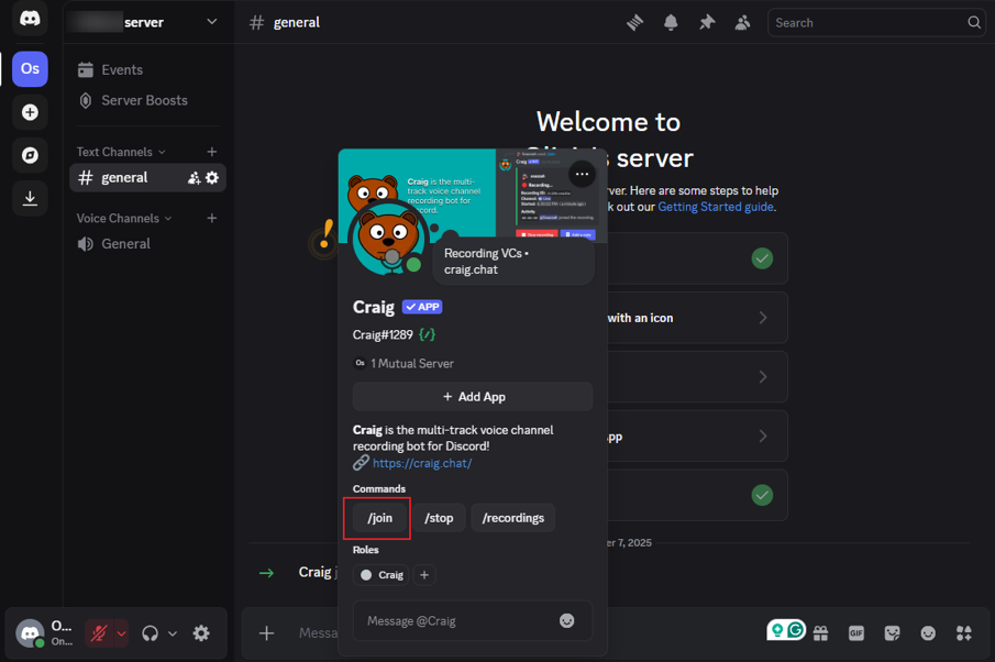 Click Craig and select the /join option in Discord