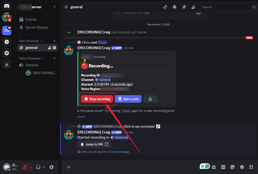 Click the Stop recording button to end the recording in Discord