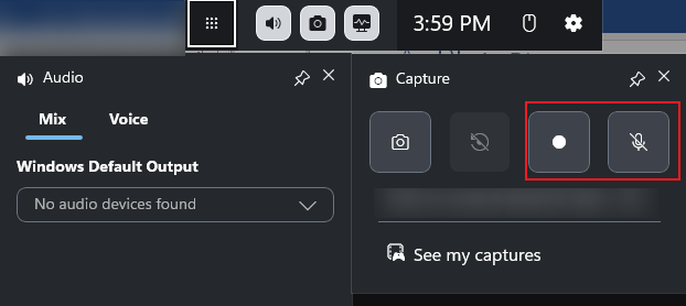 Click the Start recording icon to start recording in Xbox Game Bar