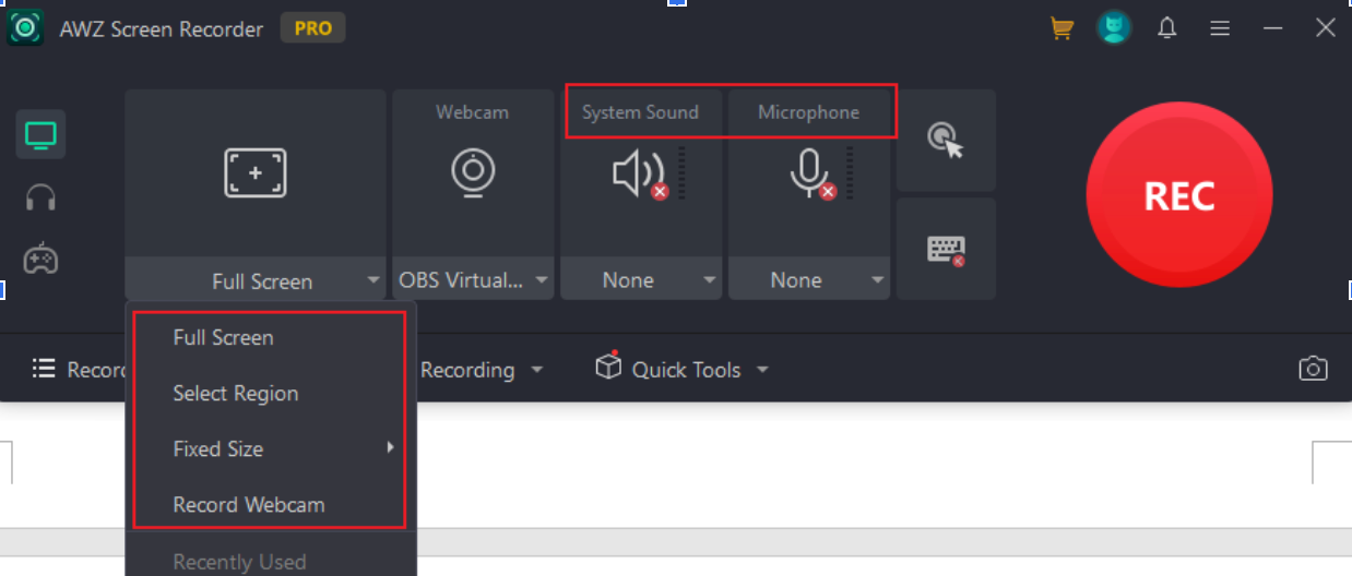 Select the recording area and audio source in AWZ Screen Recorder