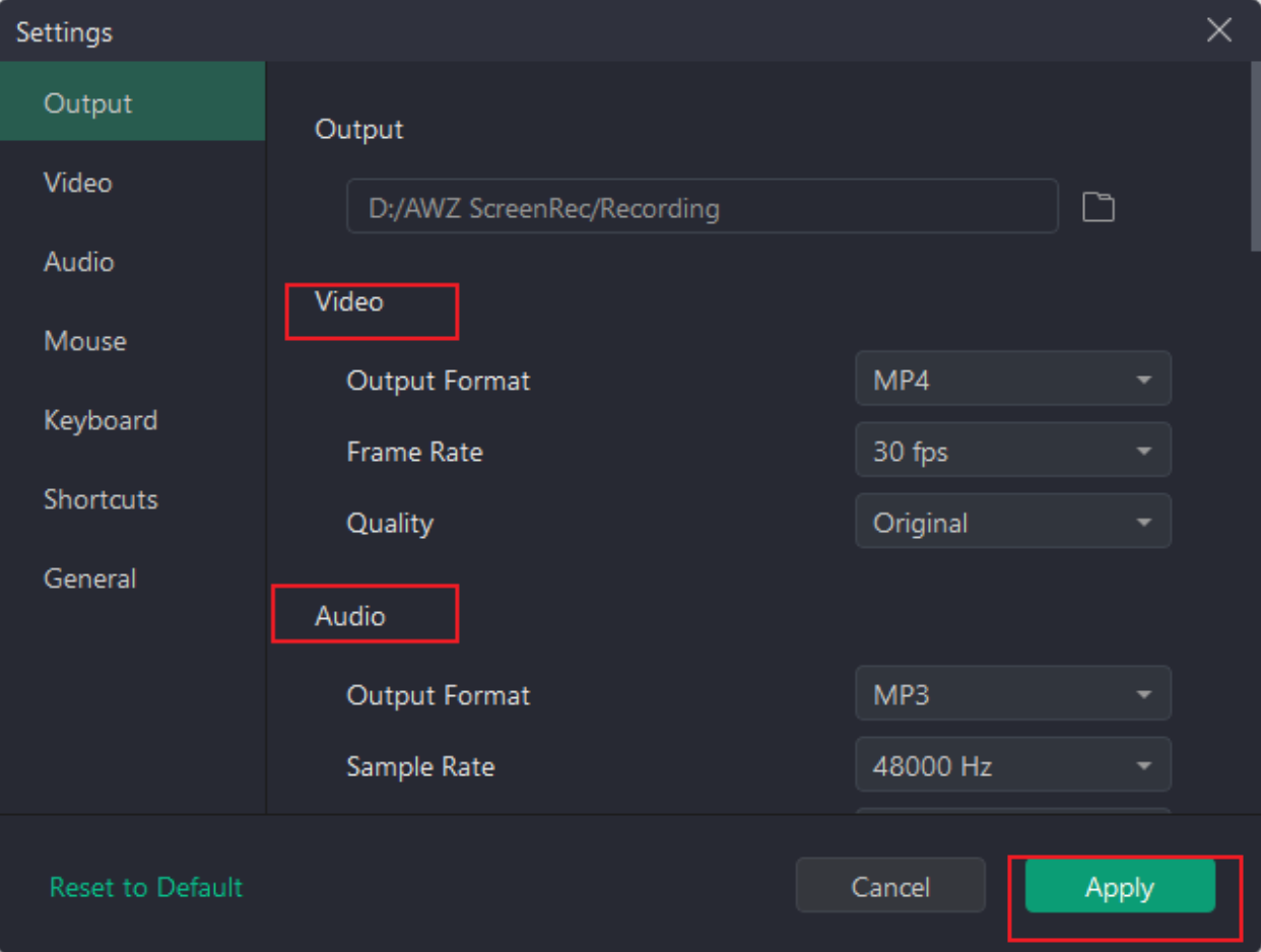 Customize the recording settings in AWZ Screen Recorder