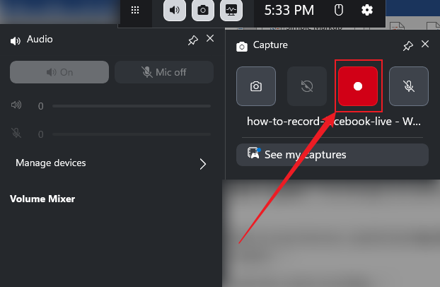 Click the Start recording icon to enable the recording in Xbox Game Bar