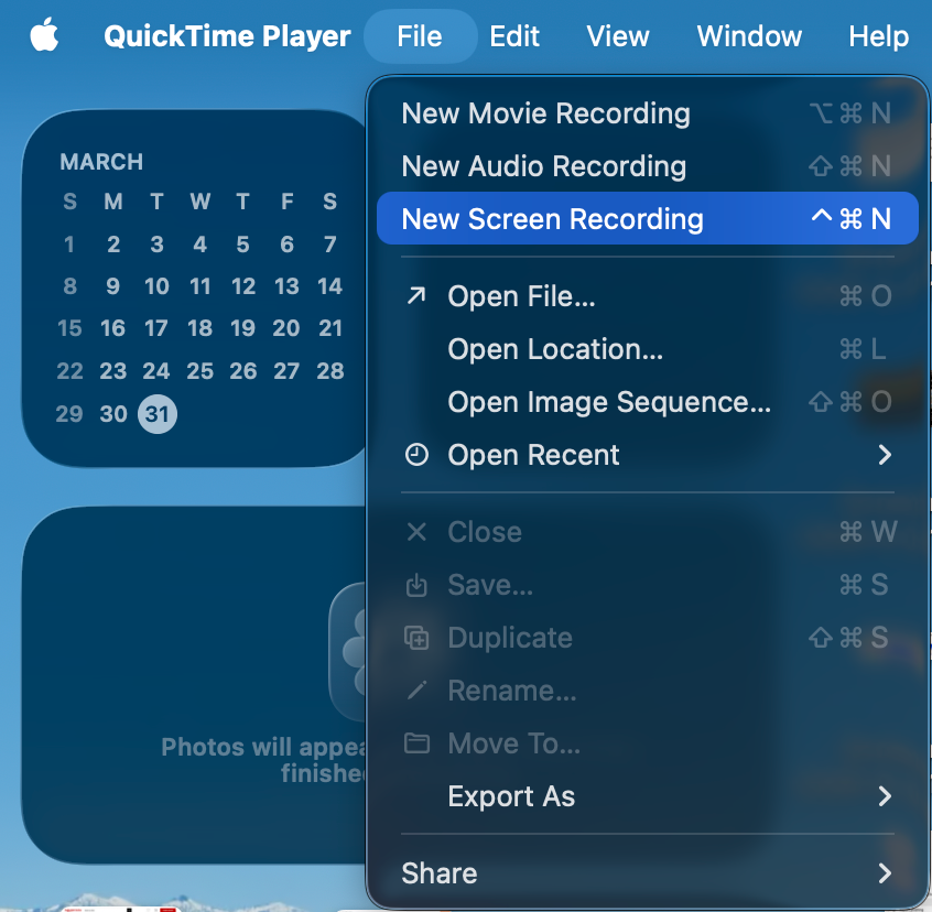Click File and select the New Screen Recording option in QuickTime Player