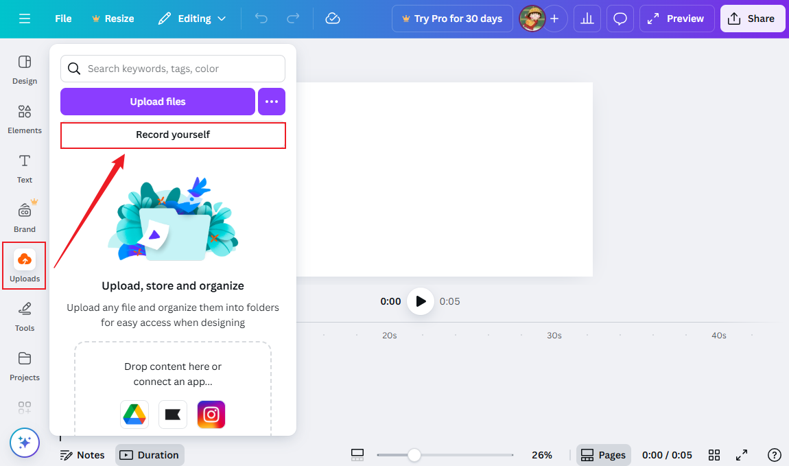 Click the Uploads tab and select the Record yourself option in Canva on a PC