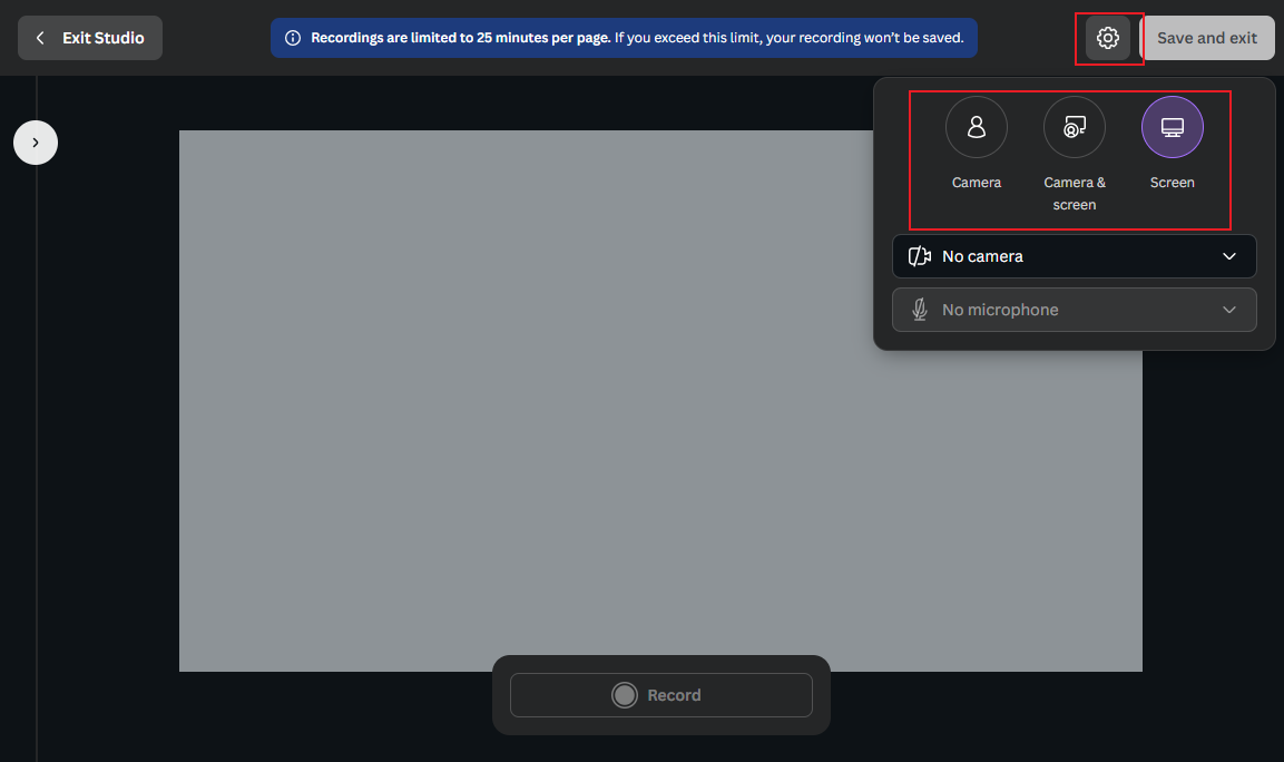 Click the Settings icon to make a recording choice in Canva