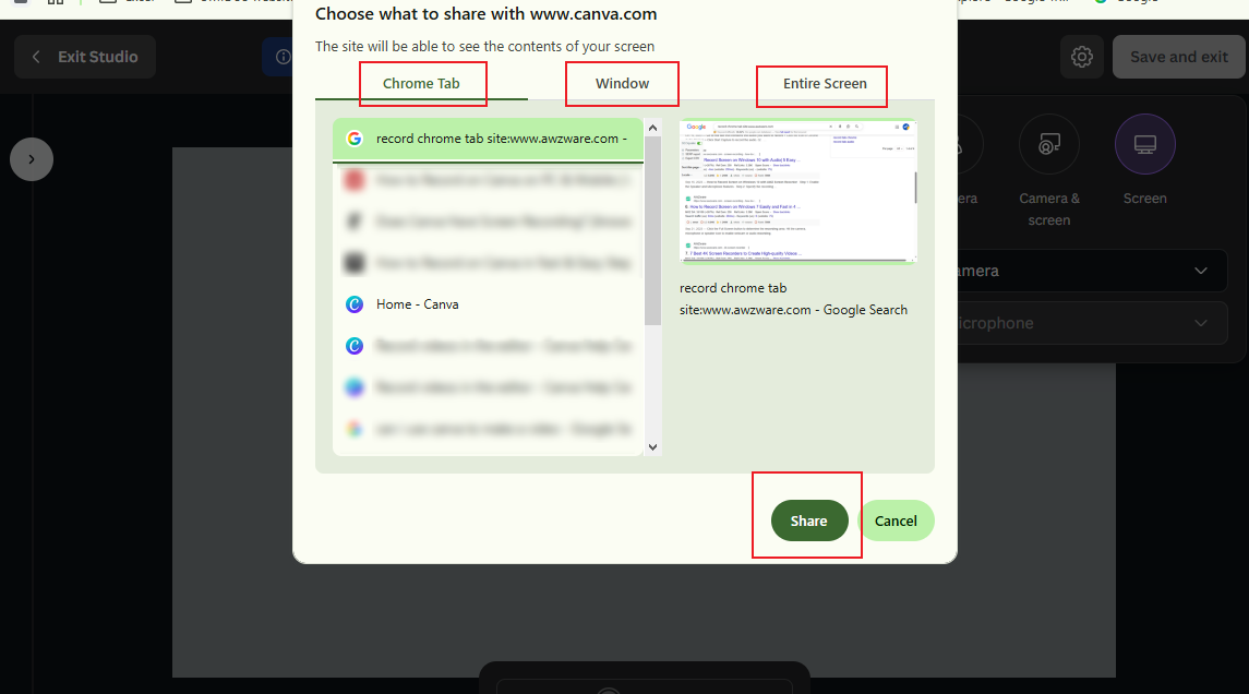 Select the target recording region in Canva