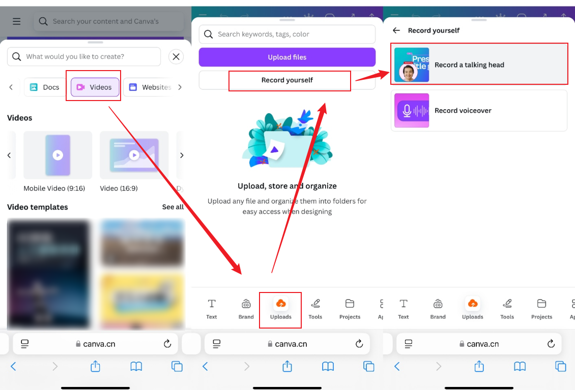 Select Video and choose the Record yourself option from the Uploads menu in Canva