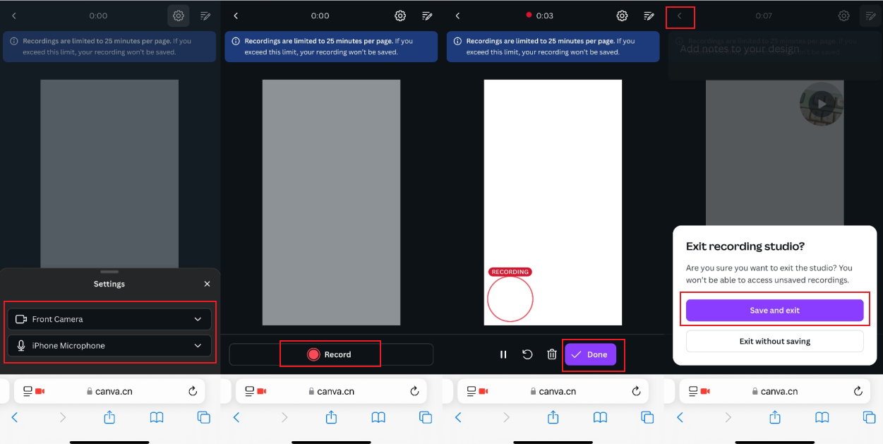 Customize the camera and microphone in Canva and tap on Record to start recording