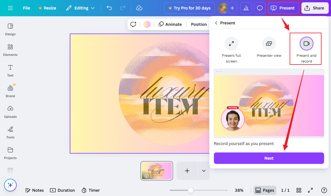 Click Present and choose the Present and record option in Canva
