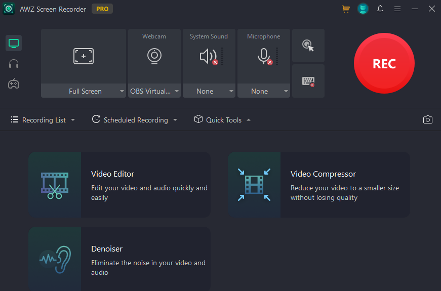 The main user interface of AWZ Screen Recorder