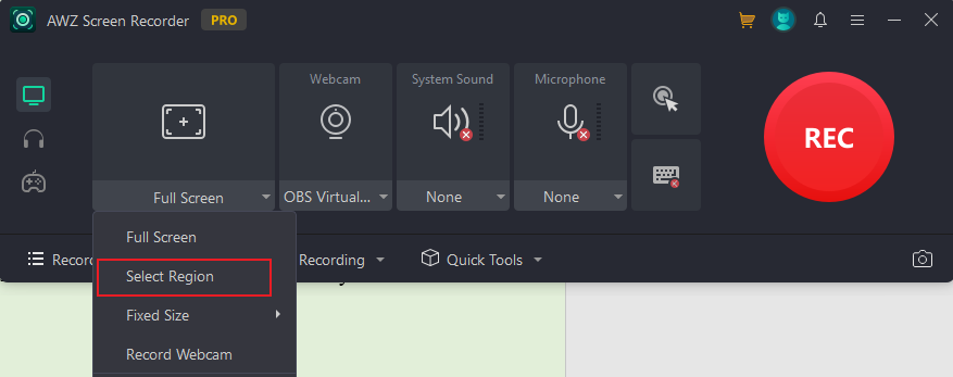 Open the Full Screen list and click the Select Region to select the recording region in AWZ Screen Recorder