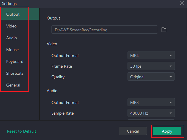 Adjust other recording settings in AWZ Screen Recorder
