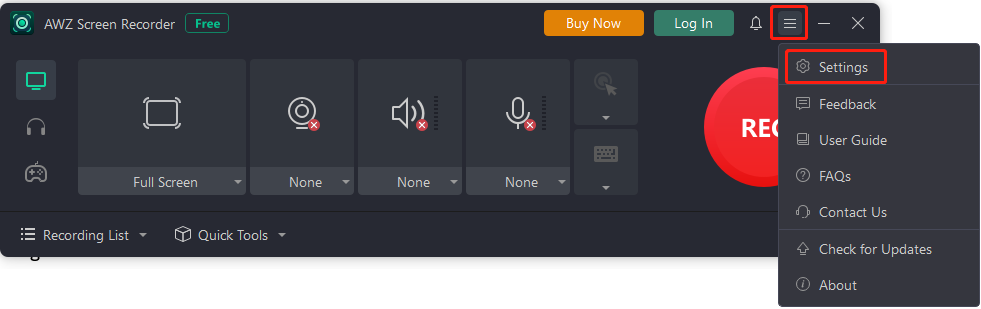 Open the Settings window to customize the recording settings in AWZ Screen Recorder