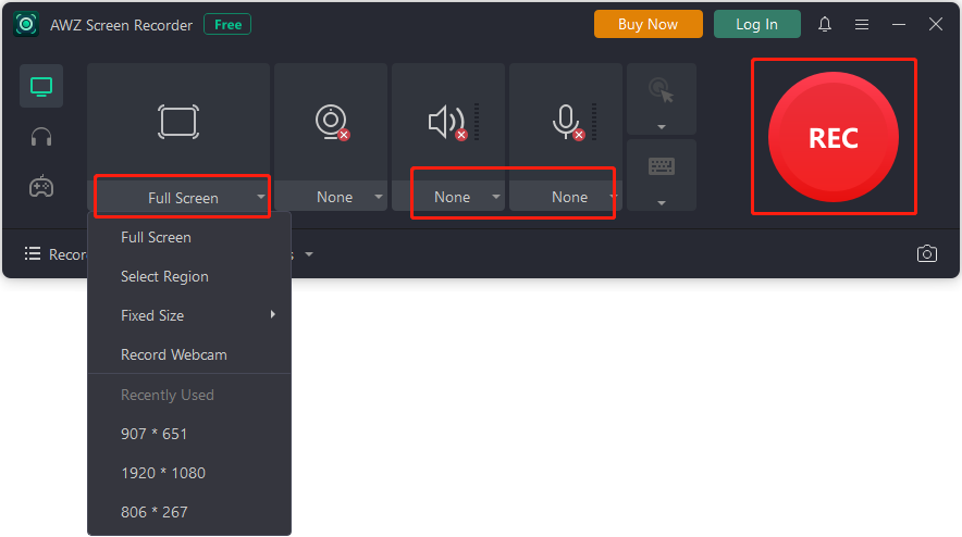 Customize the recording area and audio source in AWZ Screen Recorder