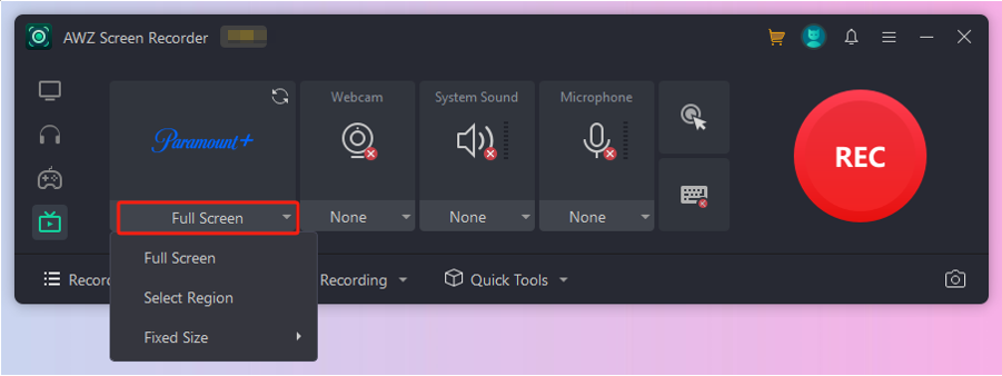 how to record on Paramount Plus with AWZ Screen Recorder 3