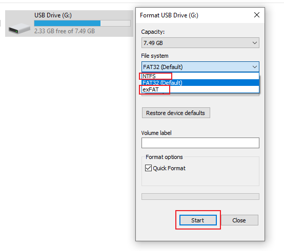 Format the USB drive to NTFS or exFAT for Samsung TV recording