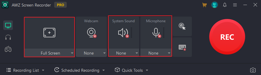 Set the recording area and audio source in AWZ Screen Recorder