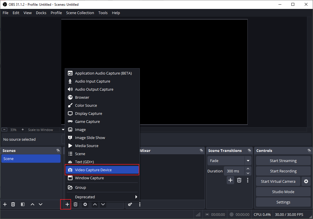 Click the plus icon in the Sources section of OBS to choose the Video Capture Device option