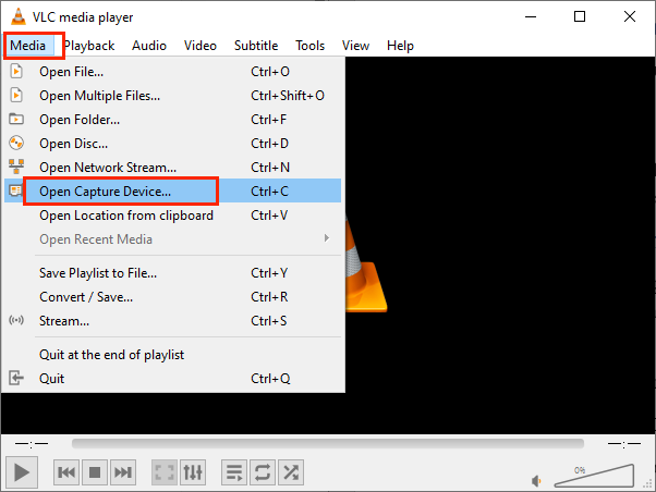 Click Media and select Open Capture Device in VLC