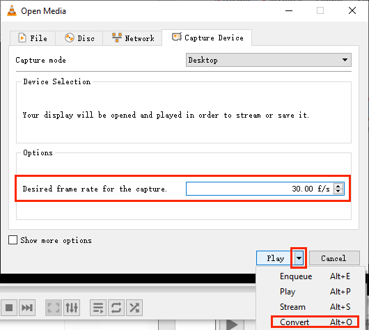 Set the needed recording frame rate and click Convert in VLC