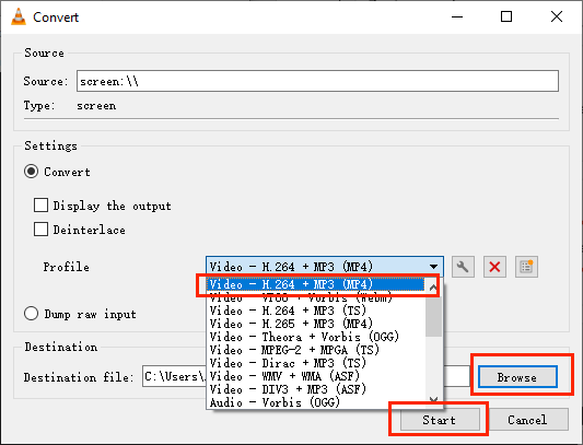 Select the output format for the recorded video in VLC