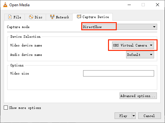 Select DirectShow from Capture mode and select your webcam in VLC