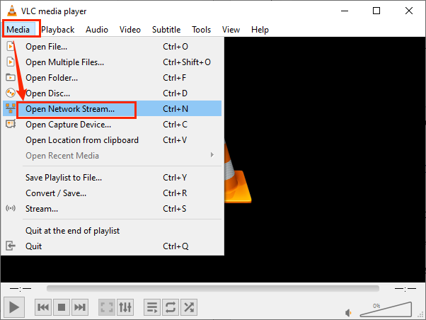 Click the Open Network Stream option from the Media list in VLC