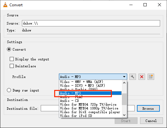 Select Audio – MP3 as the output format for the audio recording in VLC
