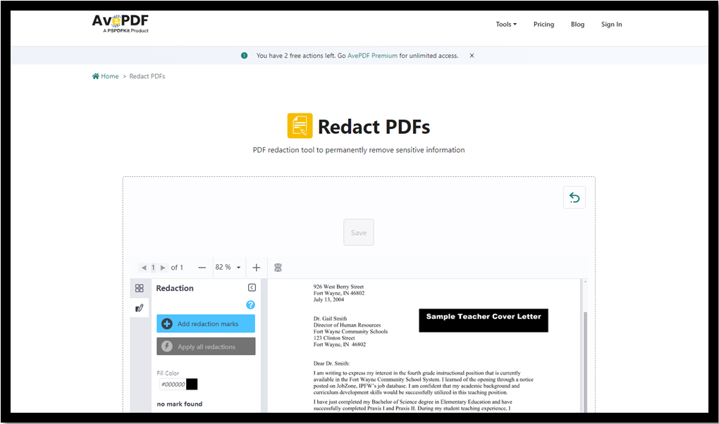 how to redact a PDF without Adobe Pro using AvePDF