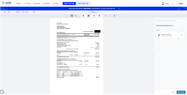 how to redact bank statement with online Xodo