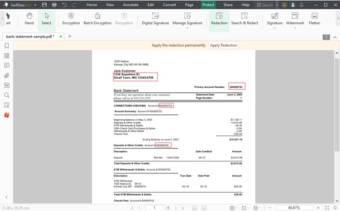 how to redact bank statement with SwifDoo PDF 2