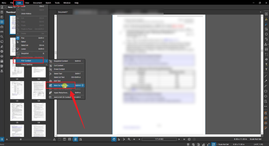 Click Edit and select Mark for Redaction for PDF Content in Bluebeam