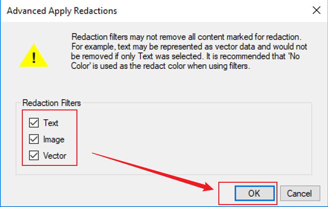 Click OK in the Advanced Apply Redactions window in Bluebeam